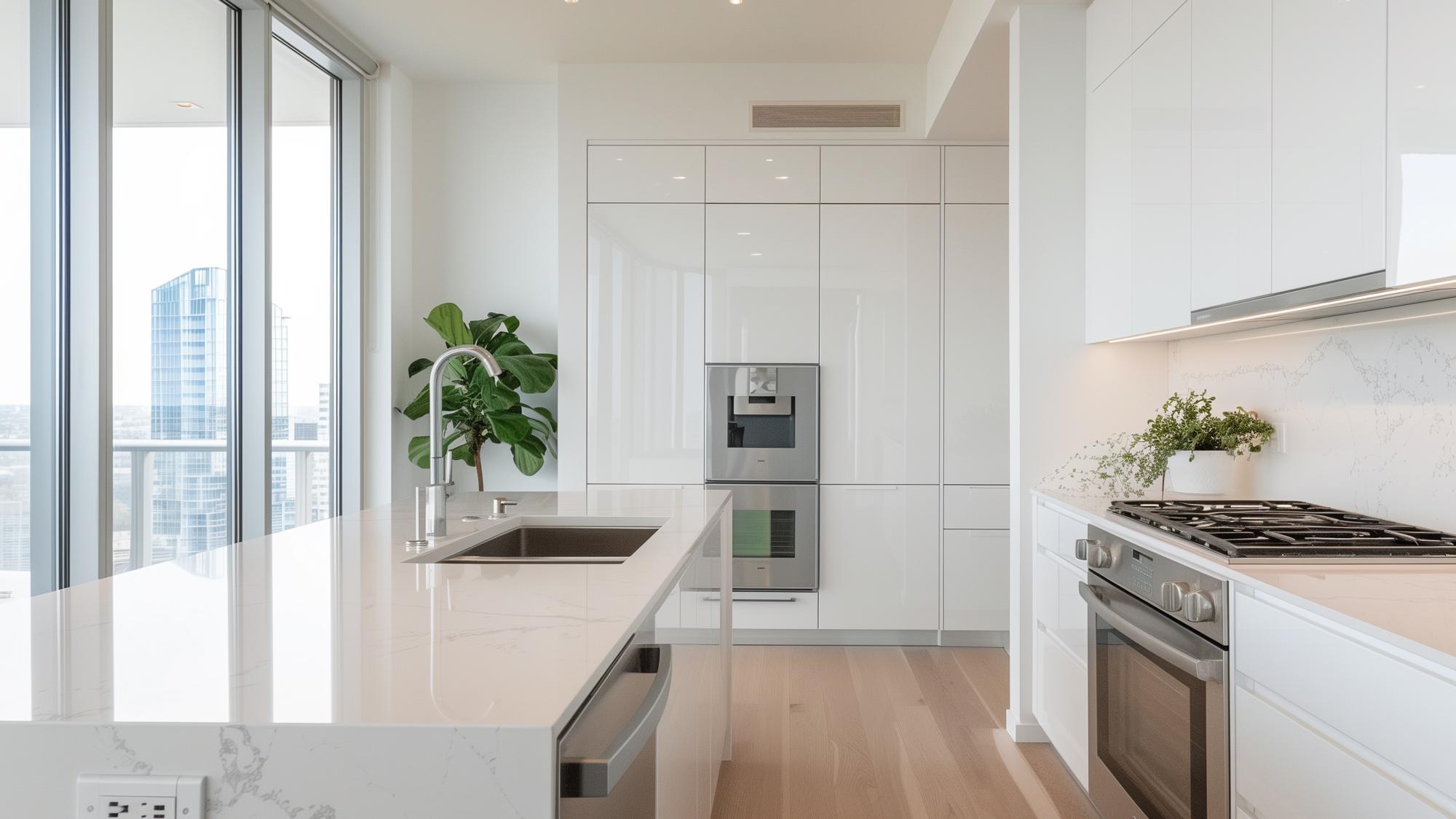 Modern kitchen featuring a white color scheme with a large island, stainless steel sink, and built-in appliances. Large windows offer a view of the city skyline, and there is a potted plant on the countertop. The cabinetry is sleek and minimalistic.
